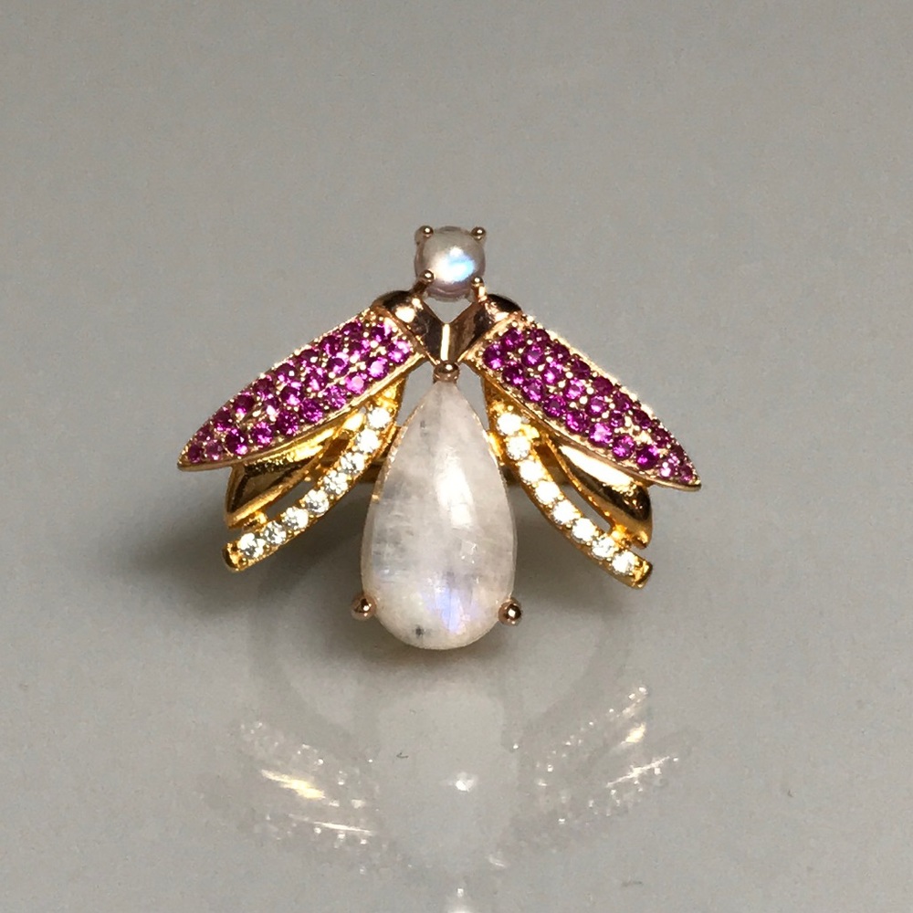 Firefly Ring With Moonstone, lab Ruby 925 size 8.5